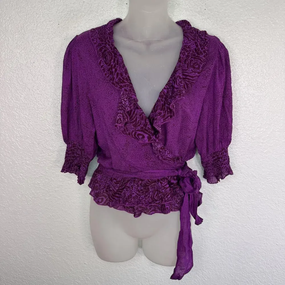 Free People Top Women Small Olivia Floral Wrap Ruffle Tie Tunic Blouse Boho